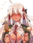  1girl ahoge black_bow blush bow breasts button_gap cleavage closed_eyes collared_shirt dark-skinned_female dark_skin eating fate/grand_order fate_(series) food green_jacket hair_bow highres jacket koha-ace large_breasts long_hair long_sleeves mitsurugi_sugar necktie okita_souji_(fate) okita_souji_alter_(fate) open_clothes open_jacket pen shirt skewer smile tassel very_long_hair white_hair white_shirt 