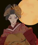  1girl absurdres black_background black_hair crying crying_with_eyes_open floral_print full_moon hair_ornament hair_stick hair_up headpiece highres japanese_clothes kimono looking_at_viewer moon oiran red_kimono solo surie tears upper_body 