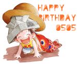  1boy ^_^ aged_down brown_hair closed_eyes english_text happy happy_birthday hat kodomo_no_hi koinobori male_child male_focus monkey_d._luffy one_piece paper_hat paper_kabuto short_hair shorts simple_background smile solo stacked_hats straw_hat szk_(szkintama) tank_top toddler windsock yellow_tank_top 