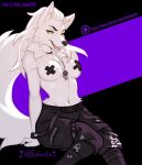  anthro bottomwear breasts canid canine canis clothed clothing dog_tag_necklace dog_tags female fleet-foot fluffy fluffy_tail fur hair mammal open_mouth pants partially_clothed pasties shirtless sitting solo tail topless white_body white_fur white_hair wolf yellow_eyes 