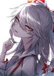 1girl 33_gaff absurdres bow commentary fujiwara_no_mokou grey_hair hair_between_eyes hair_bow highres long_sleeves looking_at_viewer open_mouth red_eyes simple_background solo touhou upper_body white_background white_bow 