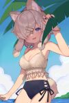  1girl alpaca_ears alpaca_girl alpaca_suri_(kemono_friends) alpaca_tail alternate_costume animal_ears bare_shoulders bikini black_bikini black_nails blue_eyes blush bracelet hair_bun hair_ornament hair_over_one_eye hair_tubes hairclip highres jewelry kemono_friends midriff navel noamem outdoors short_hair sleeveless solo straddling swimsuit tail two-tone_bikini white_bikini white_hair 