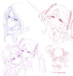  2girls arrow_(symbol) bow bowtie cheek_pinching chibi collared_shirt covered_mouth eiyuu_densetsu hair_bobbles hair_ornament hair_ribbon hajimari_no_kiseki hakuleg holding hood jolda_(kuro_no_kiseki) kuro_no_kiseki_ii monochrome multiple_girls multiple_views nadia_rayne parted_lips pinching pleated_skirt ribbon shirt skirt smile 