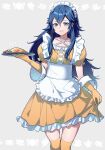  1girl alternate_costume ameno_(a_meno0) apron blue_eyes blue_hair collarbone dress elbow_gloves enmaided fire_emblem fire_emblem_awakening food frilled_dress frills gloves grey_background grin hair_between_eyes highres holding holding_plate ketchup long_hair looking_at_viewer lucina_(fire_emblem) maid maid_headdress omelet omurice plate puffy_short_sleeves puffy_sleeves short_sleeves smile solo thighhighs waist_apron white_apron yellow_dress yellow_gloves yellow_thighhighs 