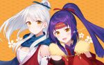  2girls :d blue_scarf breasts cleavage detached_sleeves fire_emblem fire_emblem:_radiant_dawn fire_emblem_heroes headband highres japanese_clothes long_hair looking_at_viewer micaiah_(fire_emblem) micaiah_(ninja)_(fire_emblem) multiple_girls official_alternate_costume official_alternate_hairstyle open_mouth ponytail purple_hair red_headband s_n_reon sanaki_kirsch_altina sanaki_kirsch_altina_(ninja) scarf siblings sisters smile twitter_username upper_body white_hair yellow_eyes 