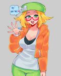  1girl bianca_(pokemon) blonde_hair bow bowtie breasts cleavage english_text glasses green_eyes green_headwear green_leggings grey_background highres jacket large_breasts leggings open_clothes open_jacket open_mouth orange_jacket plunging_neckline pokemon pokemon_(game) pokemon_bw2 red-framed_eyewear ruinique shirt short_hair simple_background solo speech_bubble teeth waving white_bow white_bowtie white_shirt 