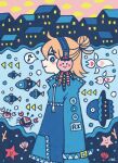  1girl blue_eyes blue_jacket blush bright_pupils bubble building clam crab drawstring earmuffs eighth_note fish from_side garouma heart highres jacket long_sleeves looking_at_viewer musical_note original profile solo spoken_musical_note starfish triangle white_pupils 