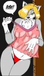  anthro belly blonde_hair breasts canid canine canis clothing danellz digital_media_(artwork) english_text female fur green_eyes grey_body grey_fur hair lingerie mammal multicolored_body multicolored_fur nipple_outline one_eye_obstructed panties pregnant solo speech_bubble text two_tone_body two_tone_fur underwear white_body white_fur wolf 