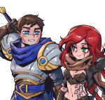  1boy 1girl arm_up armor belt blue_belt blue_eyes breastplate breasts brown_gloves brown_hair brown_scarf cleavage closed_mouth crop_top english_commentary garen_(league_of_legends) gloves green_eyes grin katarina_(league_of_legends) league_of_legends long_hair looking_at_another medium_breasts navel phantom_ix_row red_hair scar scar_across_eye scarf short_hair shoulder_plates simple_background smile stomach_tattoo tattoo teeth weapon weapon_on_back white_background 