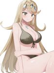  1girl bare_arms bare_shoulders bikini black_bikini blush breasts brown_eyes cleavage closed_mouth commentary_request feet_out_of_frame front-tie_top headpiece highres large_breasts light_brown_hair long_hair looking_at_viewer mizukoromo mythra_(xenoblade) simple_background sitting smile solo swimsuit very_long_hair white_background xenoblade_chronicles_(series) xenoblade_chronicles_2 