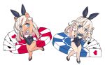  2girls ace_of_clubs ace_of_diamonds ace_of_hearts ace_of_spades alakoala animal_ears bare_legs black_bow black_bowtie black_leotard blonde_hair blue_eyes bow bowtie card chibi club_(shape) commentary_request detached_collar diamond_(shape) full_body heart highres kantai_collection leotard long_hair multiple_girls one-piece_tan pink_bow pink_bowtie playboy_bunny playing_card rabbit_ears rabbit_pose rabbit_tail ro-500_(kancolle) spade_(shape) strapless strapless_leotard tail tan tanlines u-511_(kancolle) wrist_cuffs 
