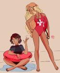  2girls annoyed black_wetsuit blonde_hair breasts brown_hair dark-skinned_female dark_skin english_commentary full_body hand_on_own_hip indian_style lifeguard long_hair looking_at_another looking_to_the_side medium_breasts multiple_girls myraross one-piece_swimsuit original red_one-piece_swimsuit sandals simple_background sitting swimsuit teeth upper_teeth_only whistle whistle_around_neck yuri 