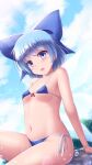  1girl arm_support bikini blue_bow blue_eyes blue_hair blue_sky bow breasts cirno cloud day hair_bow highres ice ice_wings lzh micro_bikini open_mouth petite sitting sky small_breasts solo swimsuit touhou wings 