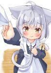  1girl animal_ear_fluff animal_ears apron black_dress blurry cat_ears cat_girl cat_tail child clothes_grab depth_of_field dress grey_hair highres holding_own_tail maid maid_apron manabe_mana original photoshop_(medium) tail white_apron yellow_eyes 