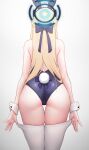  1girl animal_ears ass bare_arms bare_shoulders blonde_hair blue_archive blue_leotard bow bowtie cowboy_shot fake_animal_ears from_behind greenteamousou halo highres leaning_forward leotard long_hair official_alternate_costume playboy_bunny rabbit_ears solo strapless strapless_leotard thighhighs thighhighs_pull toki_(blue_archive) toki_(bunny)_(blue_archive) white_thighhighs wrist_cuffs 