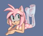  amy_rose anthro areola big_breasts breasts butt clothing eulipotyphlan feet female fur green_eyes head_on_hand hedgehog legs_up legwear lying lying_on_ground mammal on_front pink_body pink_fur rokkerth sega solo sonic_the_hedgehog_(series) thigh_highs 