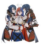  1girl 2boys alcryst_(fire_emblem) alear_(female)_(fire_emblem) alear_(fire_emblem) armor ascot blue_eyes blue_hair fire_emblem fire_emblem_engage gloves hair_between_eyes hair_ornament hairclip heterochromia highres long_hair long_sleeves looking_at_another multicolored_hair multiple_boys oratoza red_eyes red_hair ribbon shoulder_armor skirt tiara two-tone_hair waist_cape white_ascot white_background you_gonna_get_raped 