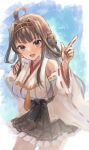  ahoge black_skirt brown_hair cowboy_shot double_bun frilled_skirt frills hair_bun hairband headgear index_finger_raised kantai_collection kongou_(kancolle) kongou_kai_ni_(kancolle) long_hair popped_collar purple_eyes ribbon-trimmed_sleeves ribbon_trim skirt smile wss_(nicoseiga19993411) 