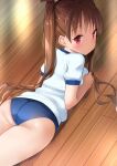  1girl ass blue_buruma breast_press breasts brown_eyes brown_hair buruma from_behind gym_uniform highres long_hair looking_at_viewer lying natsushima_memo on_floor on_stomach original shirt short_sleeves solo thighs twintails white_shirt wooden_floor 