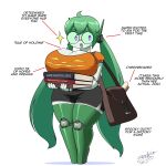  absurd_res ahoge big_breasts bit_(zedrin) book bottomwear breasts cleavage clothed clothing female green_hair hair hi_res huge_breasts humanoid long_hair machine not_furry open_mouth purple_eyes robot robot_humanoid satchel shadow shirt shorts signature simple_background smile solo text thick_thighs topwear wide_hips zedrin 