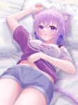 1girl absurdres animal_ear_fluff animal_ears bed breasts cat_ears cat_girl cat_tail clothes_lift grey_pants headphones highres hololive lying midriff nekomata_okayu open_mouth pants pillow purple_eyes purple_hair purple_shirt shirt shirt_lift short_hair solo stomach t-shirt tail togemaru34 virtual_youtuber 