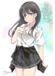  1girl black_hair black_skirt clothes_around_waist collared_shirt dress_shirt gakky gradient_background hayashio_(kancolle) jacket jacket_around_waist kantai_collection long_hair looking_at_viewer mole mole_under_eye pleated_skirt school_uniform shirt short_sleeves skirt smile solo white_background white_shirt 