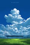  absurdres aeuna bench blue_sky cloud commentary_request cumulonimbus_cloud day fence field grass highres lamppost mountain mountainous_horizon original outdoors power_lines rural scenery shadow sky train_station utility_pole 