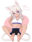  1girl animal_ear_fluff animal_ears bare_arms bare_shoulders barefoot bike_shorts black_shorts breasts cat_ears cat_girl cat_tail cleavage closed_mouth commentary_request dark-skinned_female dark_skin full_body grey_hair hair_between_eyes hand_up long_hair looking_at_viewer medium_breasts multiple_tails navel original pink_background shako_(syakoba3) short_shorts shorts sitting soles solo tail translation_request twitter_username two-tone_background two_tails v white_background 