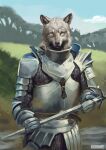  absurd_res anthro armor breastplate buckovskiart canid canine canine_ears canis chainmail clothing fantasy fur gauntlets gloved_hands gloves grey_body grey_fur handwear hi_res holding_object holding_weapon inner_ear_fluff knight knight_armor male male/male mammal melee_weapon nature nature_background neck_guard outside pauldron plate_armor sketchy solo speedpaint sword tuft warrior weapon wolf yellow_eyes 