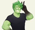  black_clothing black_shirt black_topwear clothing goo_creature green_body green_hair hair humanoid looking_at_viewer male mapleleauf shirt simple_background slime smile solo topwear white_background white_eyes 