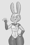  2023 4_fingers animatronic anthro breasts buckteeth clothed clothing digital_drawing_(artwork) digital_media_(artwork) disney female fingers gesture grey_background grey_body greyscale hi_res judy_hopps lagomorph leporid looking_at_viewer machine mammal monochrome open_mouth rabbit robot simple_background slimysonna small_breasts smile solo teeth waving waving_at_viewer zootopia 