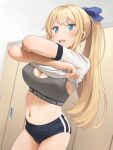  1girl blonde_hair blue_bow blue_eyes blush bow breasts commentary_request hair_bow highres long_hair medium_breasts meow_(nekodenki) open_mouth original ponytail shirt short_sleeves solo sports_bra thighs undressing white_shirt 
