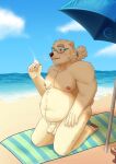  anthro balls beach bear belly cigarette eyebrows eyewear flaccid foreskin fur genitals glasses hair hi_res kain.angel leib_(tas) lifewonders male mammal musclegut navel nipples pecs penis polar_bear ponytail sand sea seaside smoking solo thick_eyebrows tokyo_afterschool_summoners umbrella ursine water white_body white_fur 