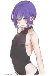  1boy absurdres backless_leotard blush bob_cut covered_navel covered_nipples dated grin hair_between_eyes highres leotard looking_at_viewer male_focus original otoko_no_ko purple_eyes purple_hair signature simple_background smile solo tawapo white_background 