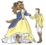  anthro beast_(disney) beauty_and_the_beast brown_body clothing dc9spot disney dress duo eye_contact female hand_holding human larger_female looking_at_another looking_down male mammal simple_background size_difference white_background 