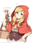  1girl ace_attorney bag bangs blonde_hair capelet character_name closed_mouth firecrackers green_eyes hand_on_hip heart holding hood hood_up hooded_capelet long_hair looking_at_viewer red_hood shigatake simple_background smile solo the_great_ace_attorney the_great_ace_attorney_2:_resolve thick_eyebrows upper_body venus_(ace_attorney) white_background 