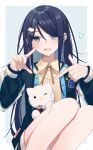  1girl absurdres blue_hair blush cat_hair_ornament grey_eyes hair_ornament hairclip heart highres jacket long_hair long_sleeves looking_at_viewer noa_hxx open_mouth project_sekai shirt sitting solo star_(symbol) stuffed_animal stuffed_cat stuffed_toy yellow_shirt 