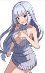  bare_shoulders blue_eyes blue_hair blue_sweater blush breasts ebifu hair_ornament highres idolmaster idolmaster_million_live! idolmaster_million_live!_theater_days light_blue_hair long_hair looking_at_viewer low-tied_long_hair medium_breasts meme_attire naked_sweater open-chest_sweater open_mouth shiraishi_tsumugi simple_background sleeveless sleeveless_sweater solo sweater turtleneck turtleneck_sweater white_background 