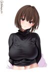  1girl black_sweater blush breasts brown_eyes brown_hair cropped_torso ebifurya hair_intakes highres hyuuga_(kancolle) kantai_collection large_breasts long_sleeves looking_at_viewer navel one-hour_drawing_challenge parted_lips short_hair simple_background solo sweater turtleneck turtleneck_sweater twitter_username upper_body white_background 