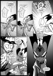  absurd_res avian_demon bedroom blitzo_(helluva_boss) elcee_rod english_text evil_face exaggerated_expression eye_popping glaring_at_viewer helluva_boss hi_res imp monochrome shocked_face stolas_(helluva_boss) text 