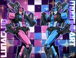  2017 2girls blue_lips blush character_doll character_name clipboard decepticon hand_on_own_hip holding holding_clipboard leaning_back lunaclub mecha moonheart multiple_girls open_mouth parted_lips pink_lips red_eyes robot signature sparkle starscream tack_(dnet) transformers 