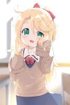  1girl :d backlighting blonde_hair blue_dress blurry blurry_background blush bow brown_sweater chair collared_dress commentary_request day depth_of_field desk dress green_eyes hair_between_eyes hair_bow half-closed_eye hands_up highres himesaka_noa indoors long_hair long_sleeves looking_at_viewer makuran parted_bangs ponytail red_bow school_chair school_desk school_uniform short_eyebrows sleeves_past_fingers sleeves_past_wrists smile solo sunlight sweater thick_eyebrows uneven_eyes very_long_hair watashi_ni_tenshi_ga_maiorita! window 