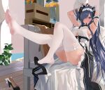  1girl absurdres apron ass august_von_parseval_(azur_lane) august_von_parseval_(the_conquered_unhulde)_(azur_lane) azur_lane black_footwear black_horns clothing_cutout curled_horns dress full_body garter_straps hair_over_one_eye high_heels highres horns indoors lace-trimmed_legwear lace_trim long_hair looking_at_viewer maid_headdress mechanical_horns mouth_hold official_alternate_costume one_eye_covered purple_eyes purple_hair ribbon ribbon_in_mouth shoe_dangle shoes sitting sleeveless sleeveless_dress solo thighhighs two-tone_dress underboob_cutout very_long_hair white_apron white_dress white_garter_straps white_thighhighs wooden_floor xian_yu_chi 