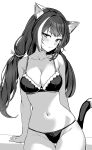  1girl absurdres animal_ears ass_visible_through_thighs bikini breasts cat_ears cat_girl cat_tail closed_mouth greyscale highres karyl_(princess_connect!) long_hair looking_at_viewer low_twintails medium_breasts monochrome multicolored_hair ossou_rocket princess_connect! solo streaked_hair swimsuit tail thigh_gap twintails 
