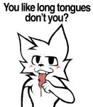  anthro boy_kisser_(meme) breaking_the_fourth_wall dialogue domestic_cat felid feline felis fur hair hand_on_tongue hand_under_tongue liquid_tongue long_tongue looking_at_viewer male mammal markings no_shading red_markings silly_cat_(mauzymice) simple_background solo talking_to_viewer teeth teeth_showing tongue tongue_out white_background white_body white_ears white_fur white_hair 