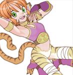  1girl :d animal_ears arm_up armlet bandaged_leg bandages black_nails body_fur breath_of_fire breath_of_fire_ii facial_mark fangs fingernails green_eyes lowres orange_hair rinpoo_chuan sicky_(pit-bull) simple_background smile solo striped_fur tail tiger_ears tiger_girl tiger_tail upper_body whisker_markings white_background 