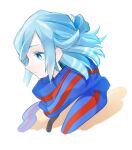  1boy aqua_eyes aqua_hair blue_scarf closed_mouth commentary grusha_(pokemon) highres jacket looking_down male_focus medium_hair pokemon pokemon_(game) pokemon_sv portrait scarf simple_background sketch smile solo striped striped_scarf symbol-only_commentary ukocome white_background yellow_jacket 