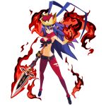  1girl antenna_hair belt bikini bikini_top_only blue_hair bracelet breasts clenched_hand crown disgaea disgaea_rpg fire full_body genderswap genderswap_(mtf) hair_between_eyes highres holding holding_polearm holding_weapon jewelry laharl laharl-chan large_breasts long_hair makai_senki_disgaea navel non-web_source official_art pants photoshop_(medium) pointy_ears polearm red_eyes red_pants scarf slit_pupils solo standing swimsuit torn_clothes transparent_background very_long_hair weapon 