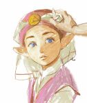  1girl aizheajsee blue_eyes brown_hair flower highres holding holding_flower looking_at_another looking_to_the_side looking_up out_of_frame pink_headwear pointy_ears princess_zelda putting_on_jewelry simple_background solo_focus the_legend_of_zelda the_legend_of_zelda:_ocarina_of_time upper_body veil white_background 