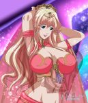  1girl arabian_clothes arms_behind_head arms_up birthday blonde_hair blue_eyes breasts commentary commission deviantart_username earrings english_commentary hair_ornament harem_outfit highres jewelry large_breasts light_particles lips long_hair looking_at_viewer macross macross_frontier midriff navel neldorwen official_alternate_costume parted_lips see-through sheryl_nome signature single_earring solo tiara upper_body veil 